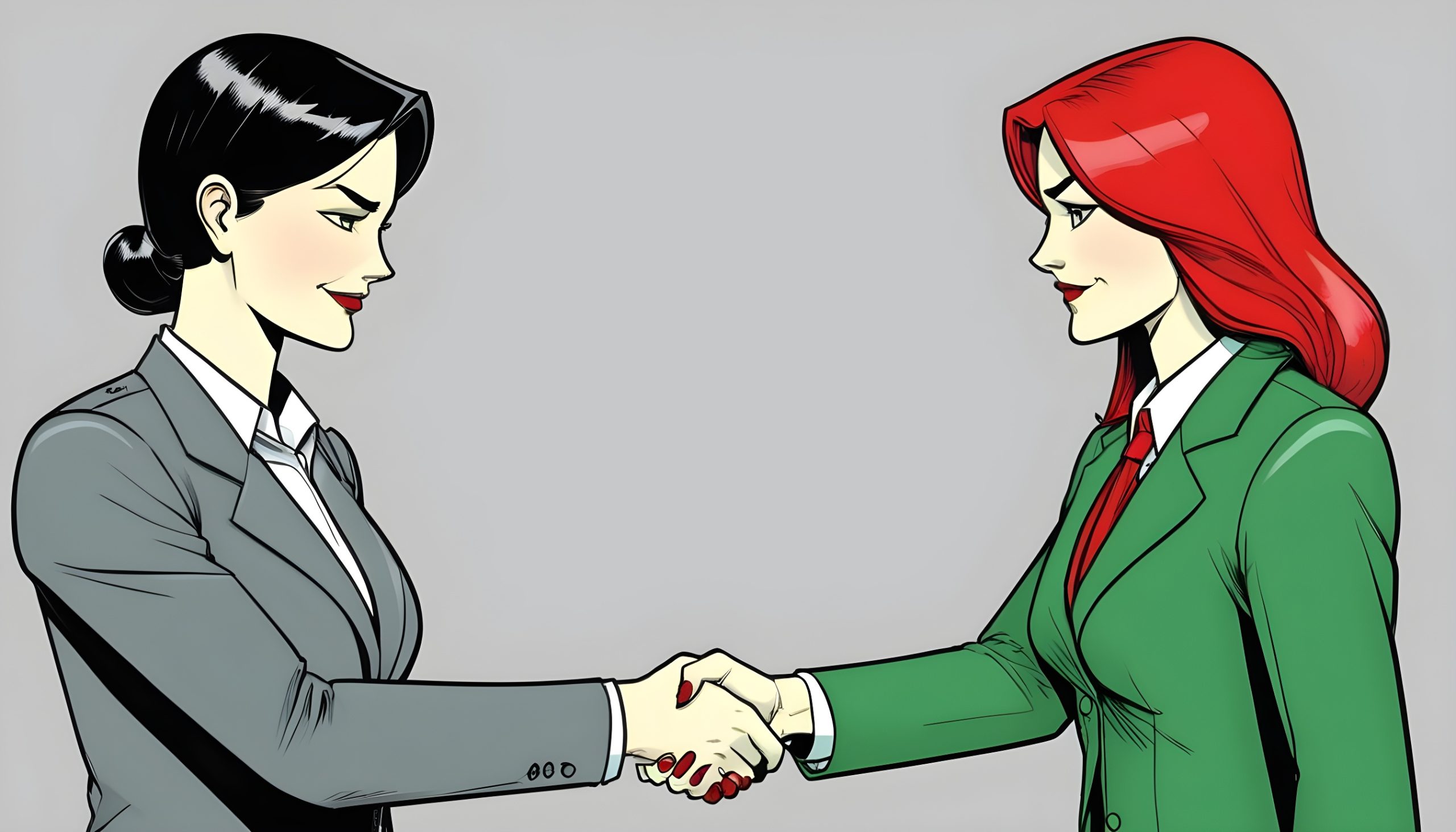 A-business-woman-shaking-hand-hands-settling-a-deal-in-the-colors-gray–green-and-bright-red-
