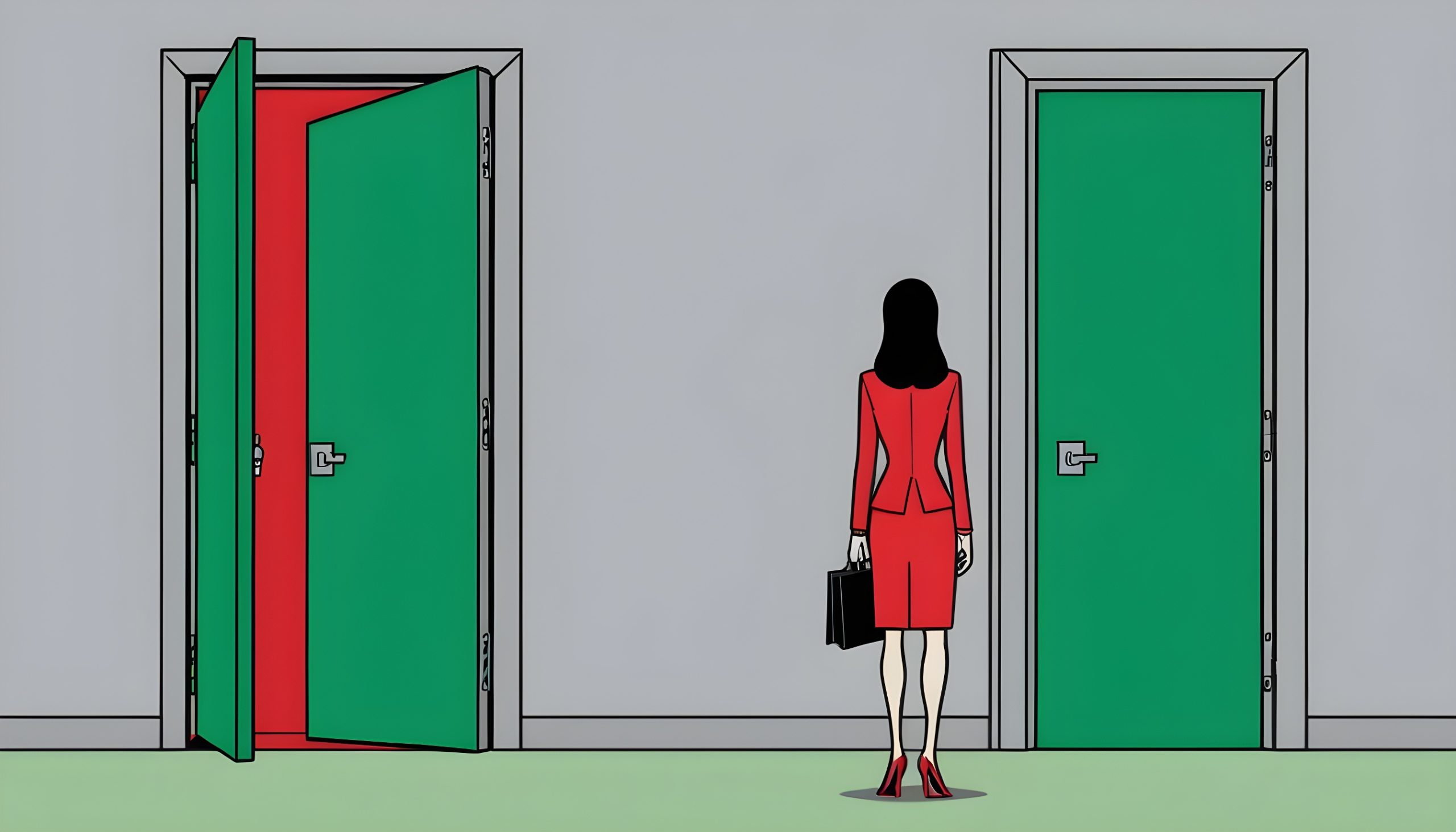 A-business-woman-standing-in-front-of-two-doors–one-is-red–one-is-green–She-is-standing-with-her-back-to-us-and-is-as-if-she-is-trying-to-decide-which-door-to-choose–The-image-should-be-in-the-col
